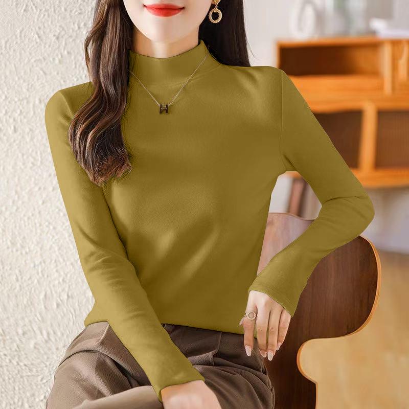 Women's Plus Velvet Half-High Collar Long-Sleeve Fleece Base Layer Top - Autumn/Winter