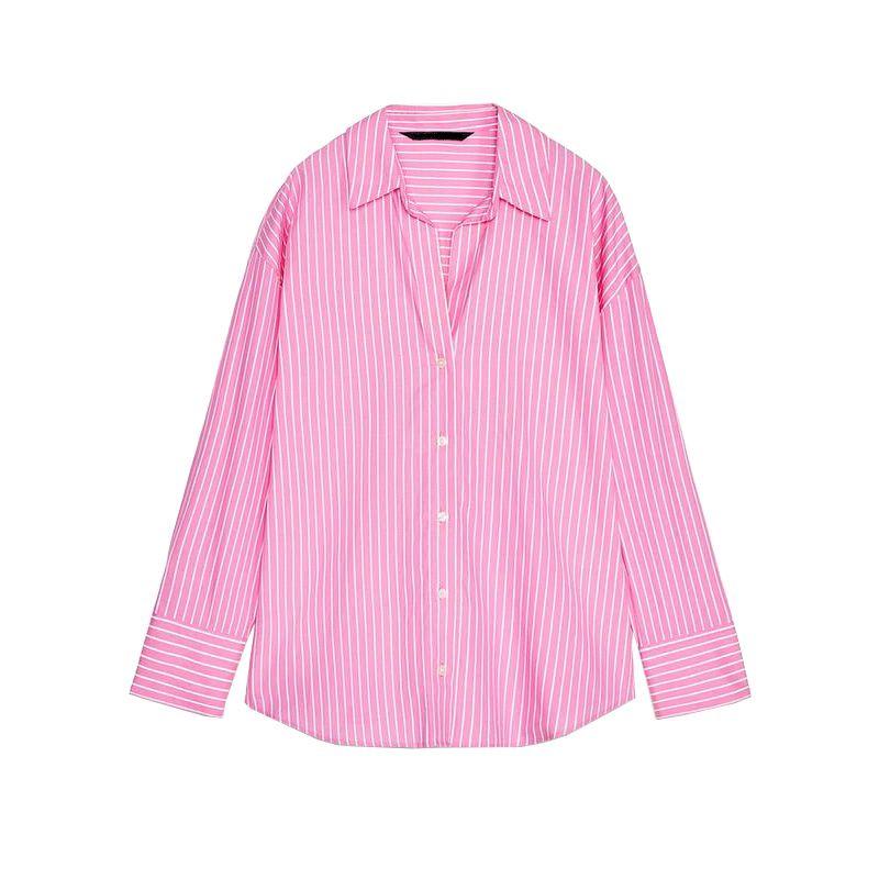 

Spring New Women clothes Commuting Casual All-matching Single Row Multi-Buckle Long sleeve Lapel Poplin Shirts 4387036 Pink L