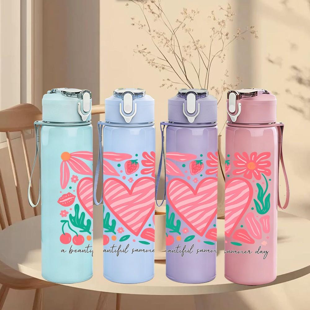 1PC Pink Floral Heart Frame 750ml Color Plastic Sports Water Bottle Leakproof Flip Straw Lid Suitable for Sports Office Home Use