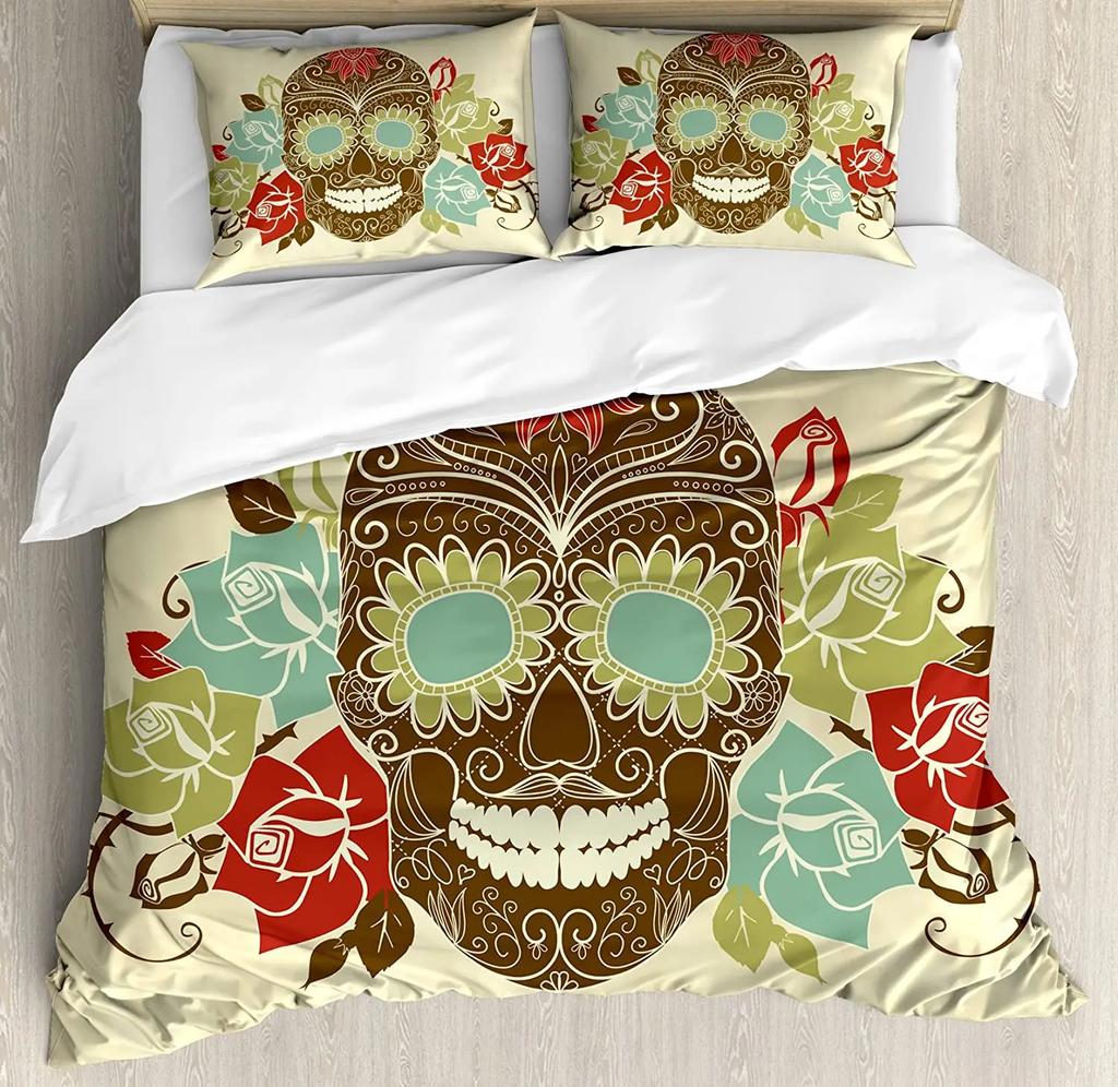 Sugar Skull Comforter Cover Set Teen Girl Bedding Set,Sugar Skull Decor Bedding Skull Roses Floral Print Duvet Cover Set