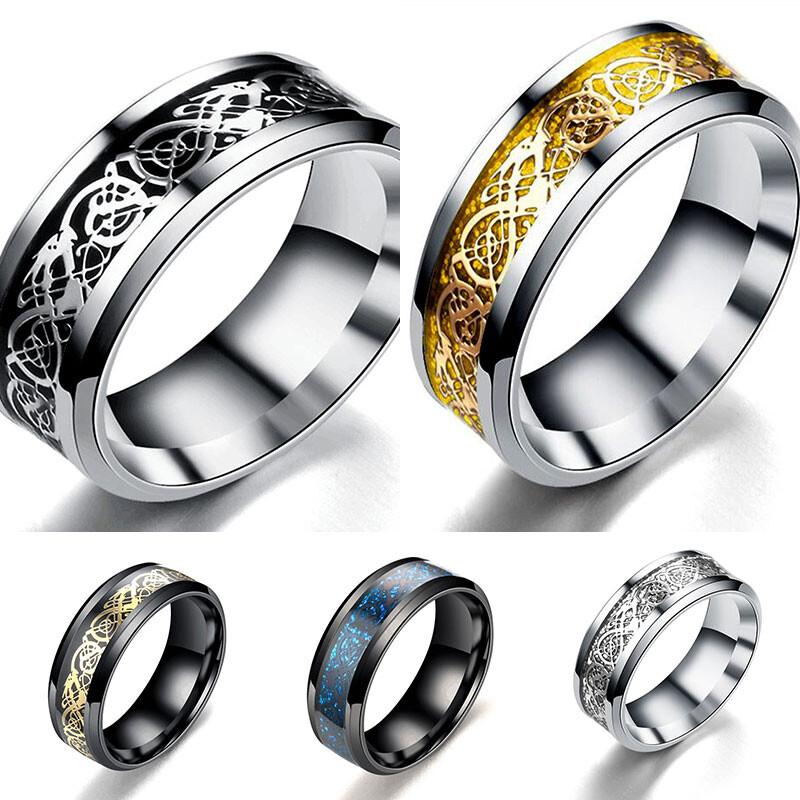 Fashion Dragon Inlay Ring Stainless Steel Jewelry For Men Comfort Band Ring 8mm~