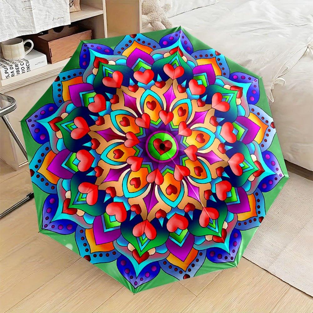 

This Compact Umbrella Showcases a Colorful Mandala Design Adorned with Striking Red And Pink Heart Motifs. Ideal for Travel, B (as the picture,iron&8K)