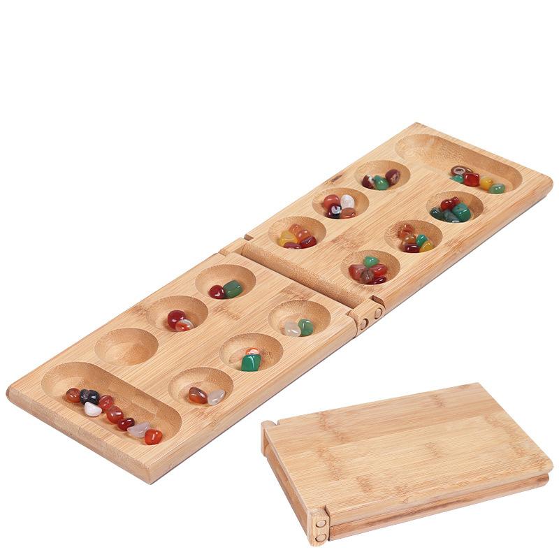 Riverstones & Bamboo Foldable Mancala Board Game - Fun Classic Table Game with Wooden Board for Adults & Kids