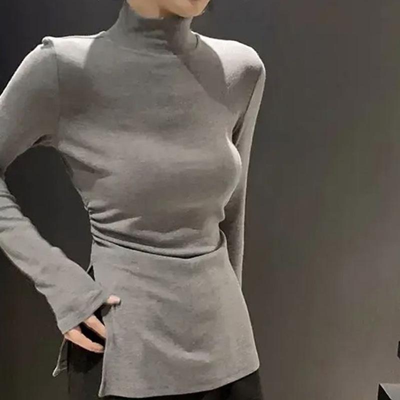Women's Pure Desire Chic Slit Base Layer Top: Slim Fit, Half-High Collar, Long Sleeve, Fleece, Patchwork Design for Autumn/Winter