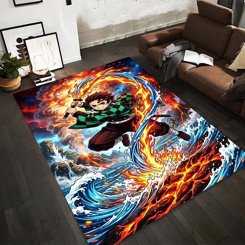 A non-slip rug featuring a flame-sword design in an anime character style, suitable for sofa areas in living rooms and bedrooms.