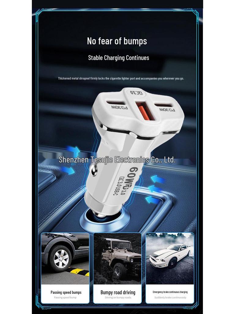 Apple-Compatible Super Fast 60W Car Charger with Three Ports (Dual USB-C)