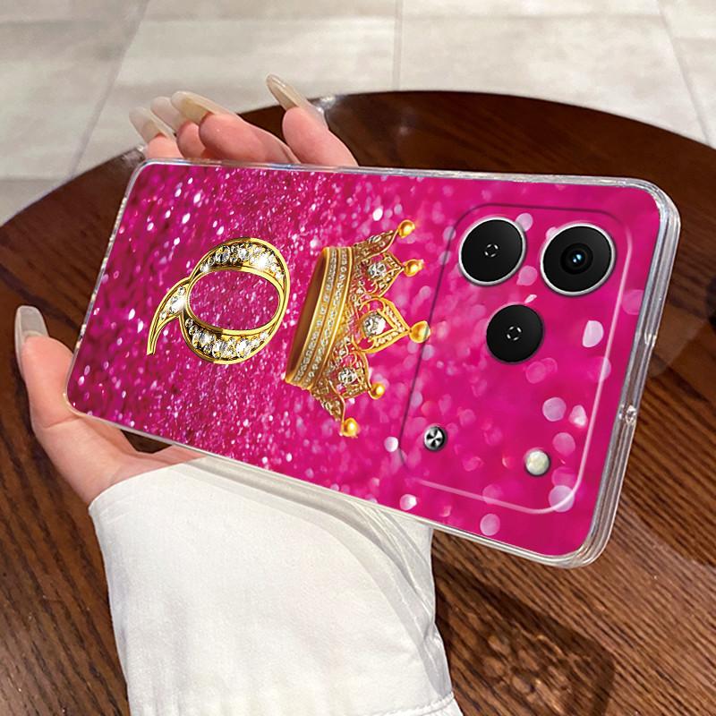 Phone Case For Tecno Spark 50 Bumper Transparent TPU Shockproof Soft Casing Crown Lucky Initial Letter Pattern Couple Shell
