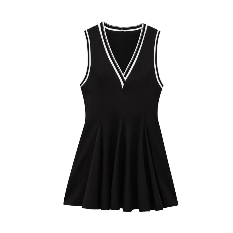 

Spring New Women clothes French style Retro Style Wave Wide Hem Rib Sleeveless Dress 2180307 Black L