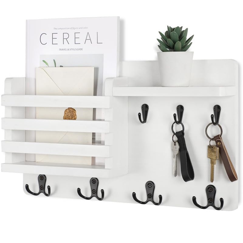 Mail Organizer for Wall Mount Rustic Wood with Key Hooks Hallway Farmhouse Decor Letter Sorter with Floating Shelf