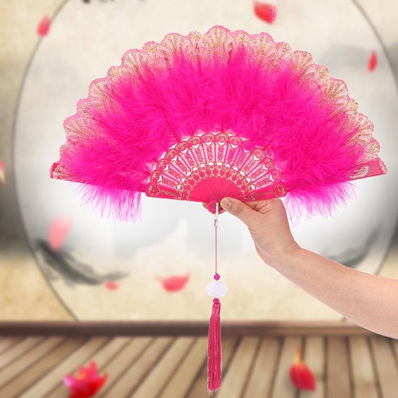 Lolita Feather Folding Fan Japanese Sweet Fairy Girl Dark Gothic Court Dance Hand Fan With Pendant Gift Wedding Party Decoration