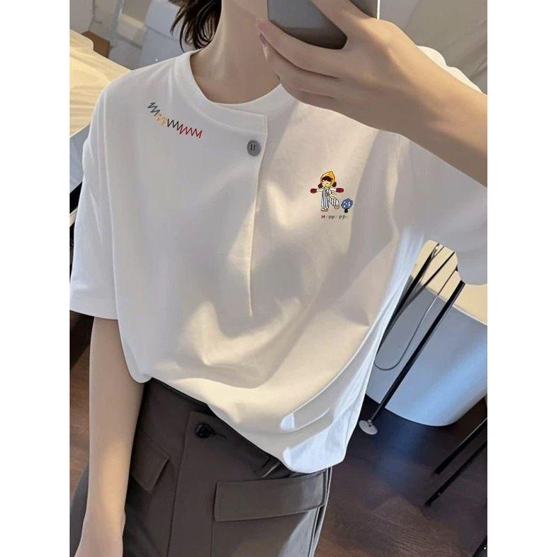 

150.00kg Oversize Women s Clothing Shoulder One Button Short Sleeve T-Shirt Female 100.00kg Plus Size Ladies Loose Slim Looking Tops T-Shirt Tide White Line Girl 6XL(120-150kg)