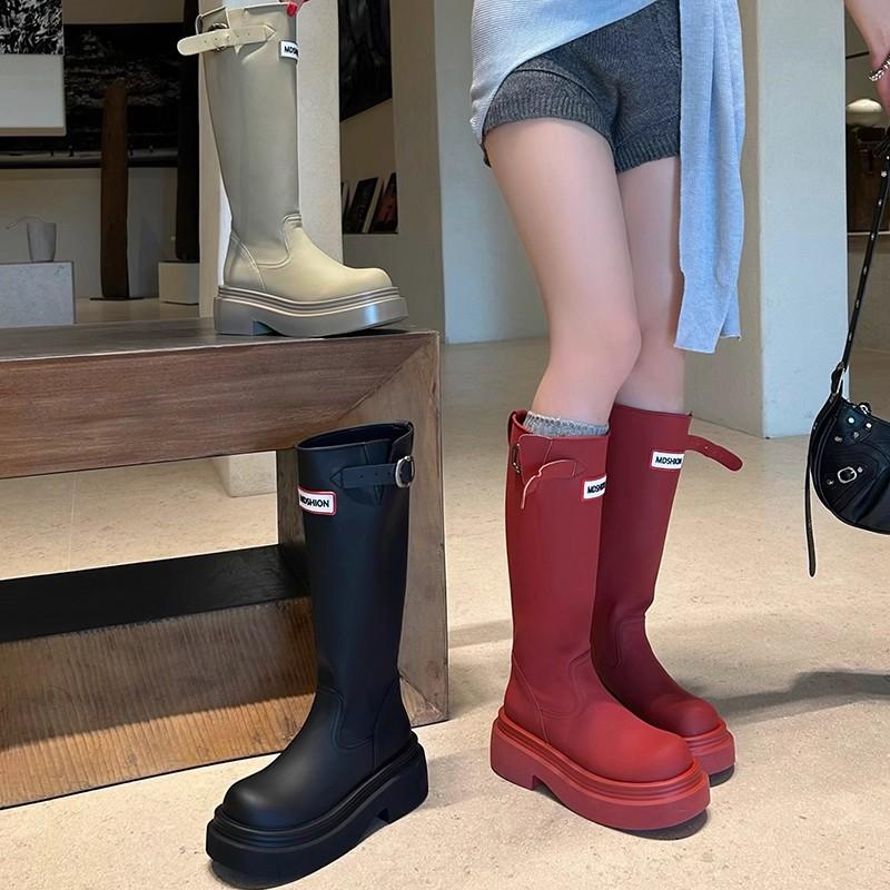 Non-slip tall red rain boots 2025 new outdoor camping rain shoes thick sole but knee boots knight boots women