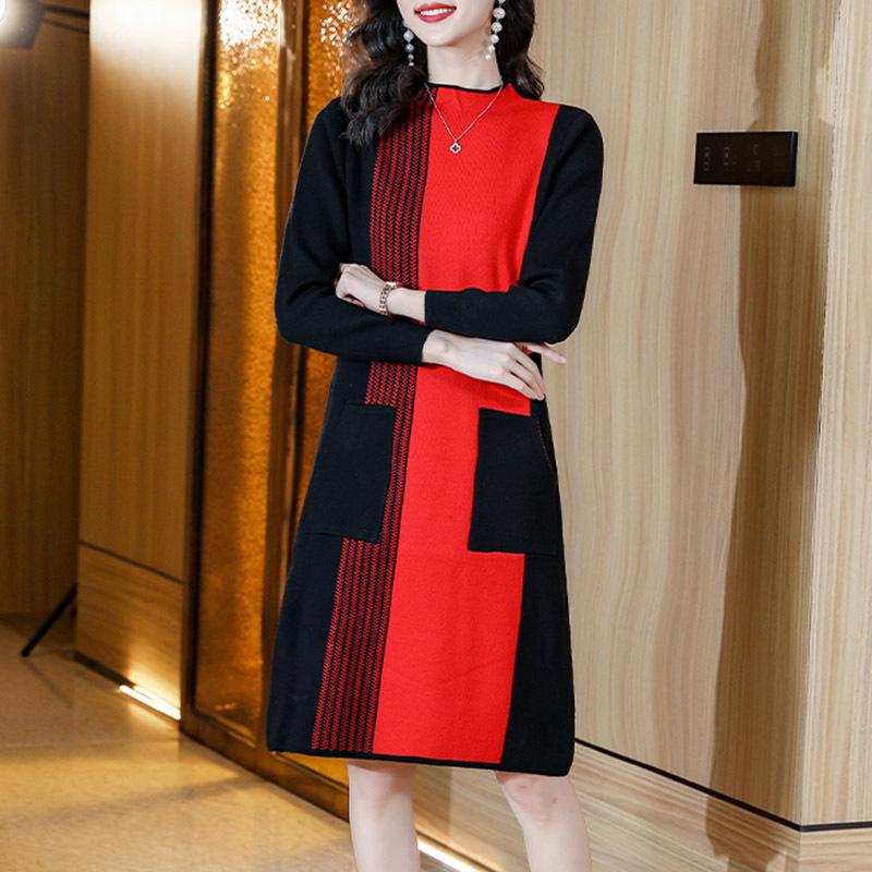 Mid-length Sweater Women's Autumn and Winter Half Turtleneck Pullover Fashionable Large-sized Knitted Sweater Dress