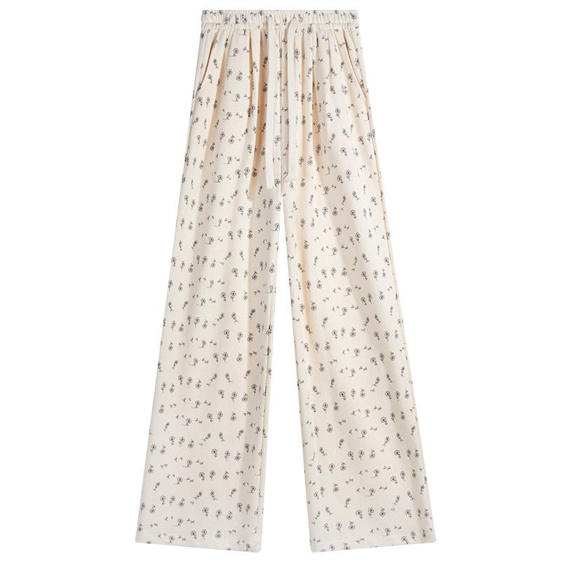 Petite White Floral Wide-Leg Women's Sweatpants: New Loose Casual Straight-Leg Pants for Spring, Summer, Autumn 2025