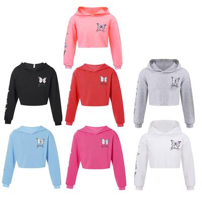 Girls' Sweatshirt Butterfly Long Sleeve Hooded Crop Tops Children's Hoodies Pullover Tops Streetwear