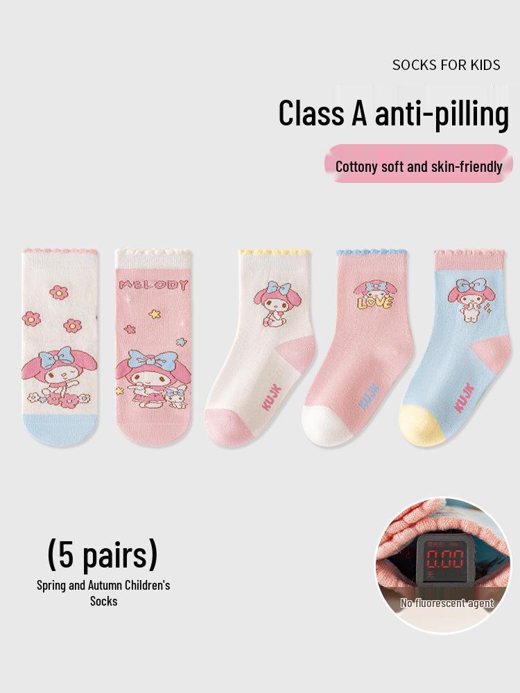My Melody Girls' Cute Cartoon Mid-Calf Cotton Socks - Thin for Autumn & Winter