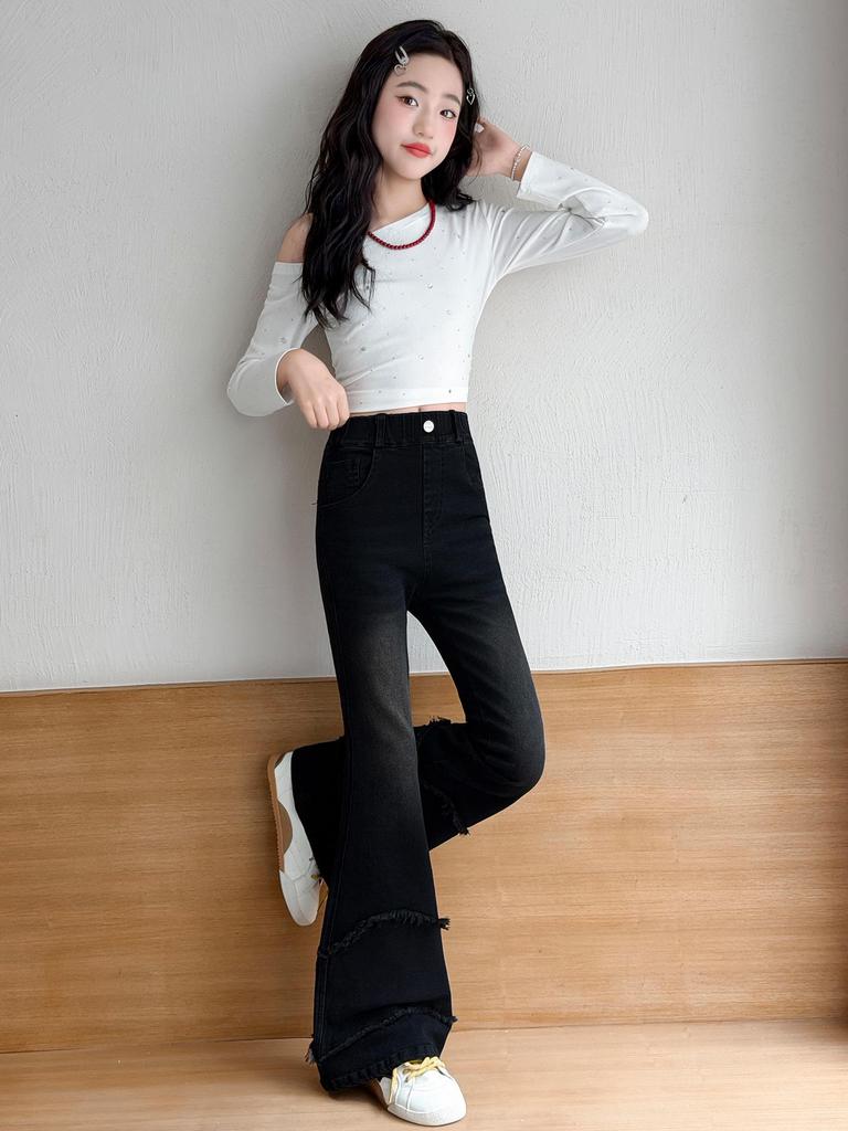 Girls' High Waist Raw Hem Tassel Denim Flare Pants - Autumn 2026 New Arrivals for Medium and Large Children