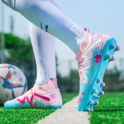 New Pink Teenagers Football Shoes High Top TF/FG Men's Futsal Soccer Shoes Outdoor Non-Slip Men Football Boots Zapatos De Futbol