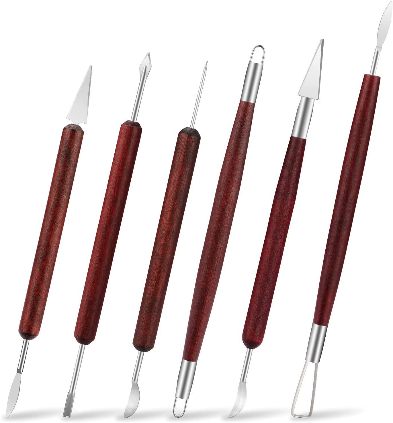

6-Piece Double-Sided Ceramic Clay Carving Tools with Smooth Red Wooden Handles