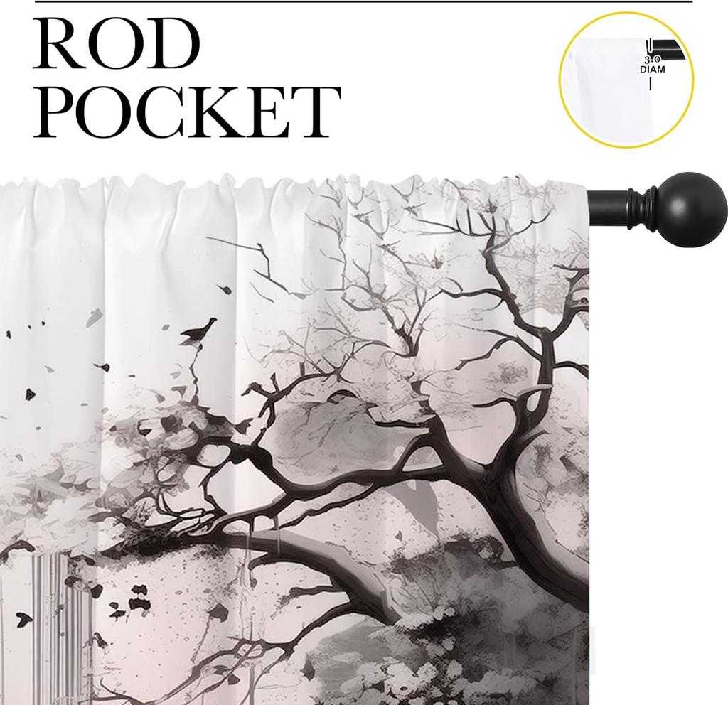 Japanese Animation Rod Pocket Blackout Curtains For Boy Girl Bedroom, Black White Ink Abstract Art Thermal Insulated Home Window