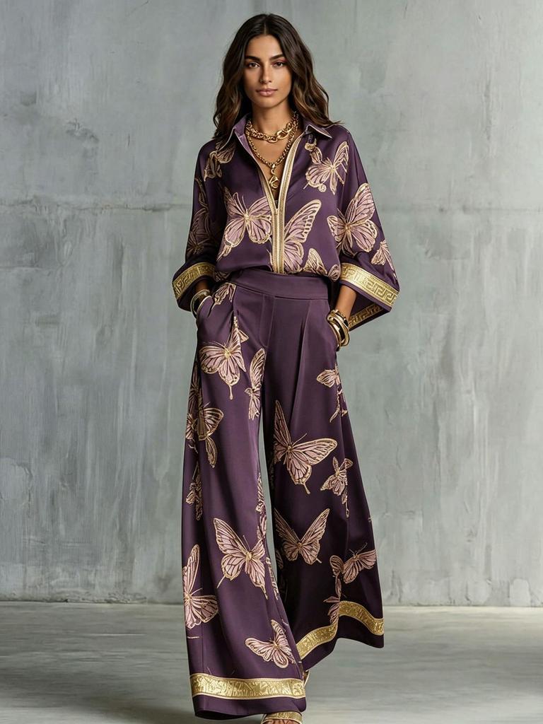 Pink Gold Butterfly Print Women's Two-Piece Suit with Lapel Wide Sleeve Shirt and Drape Wide-Leg Pants