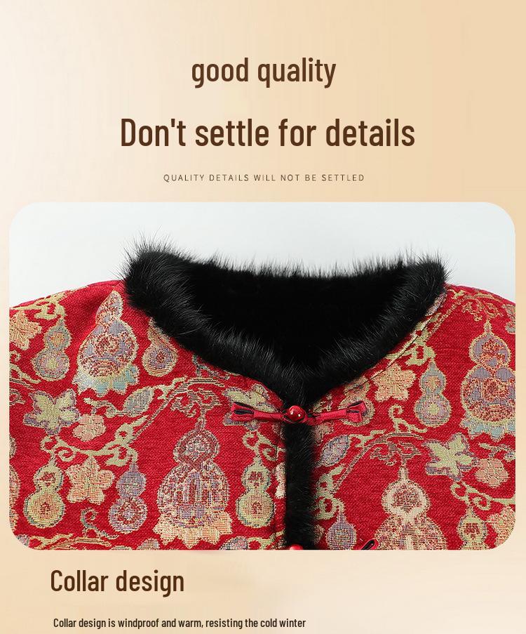 Vintage Chinese-Style Reversible Plush Jacket for Women, Cross-Collar with Frog Buttons, Tang Suit Top for Middle-Aged and Elderly