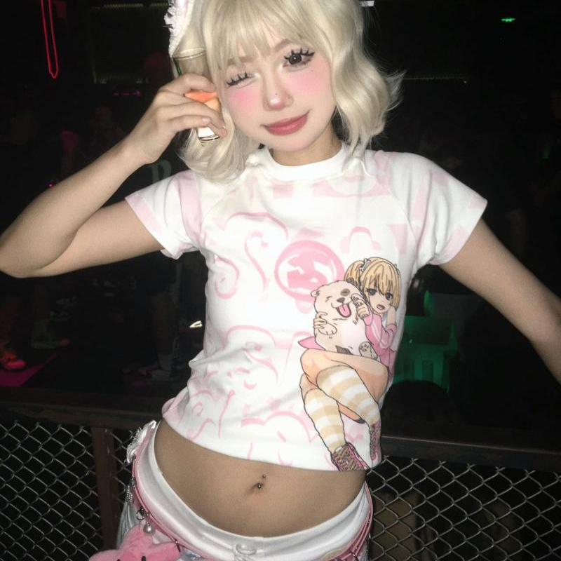 Kawaii Y2k Harajuku T-shirt Japanese Style Sexy Pink Crop Tops Slim Up Coquette Streetwear Casual Cutecore Summer Tees