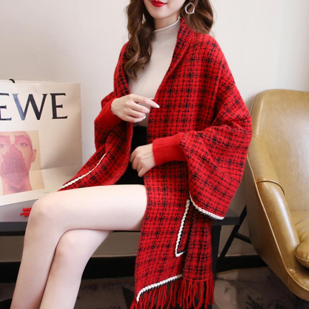 Cashmere Women's Tweed Pocket Cardigan Cloak Shawl Cape