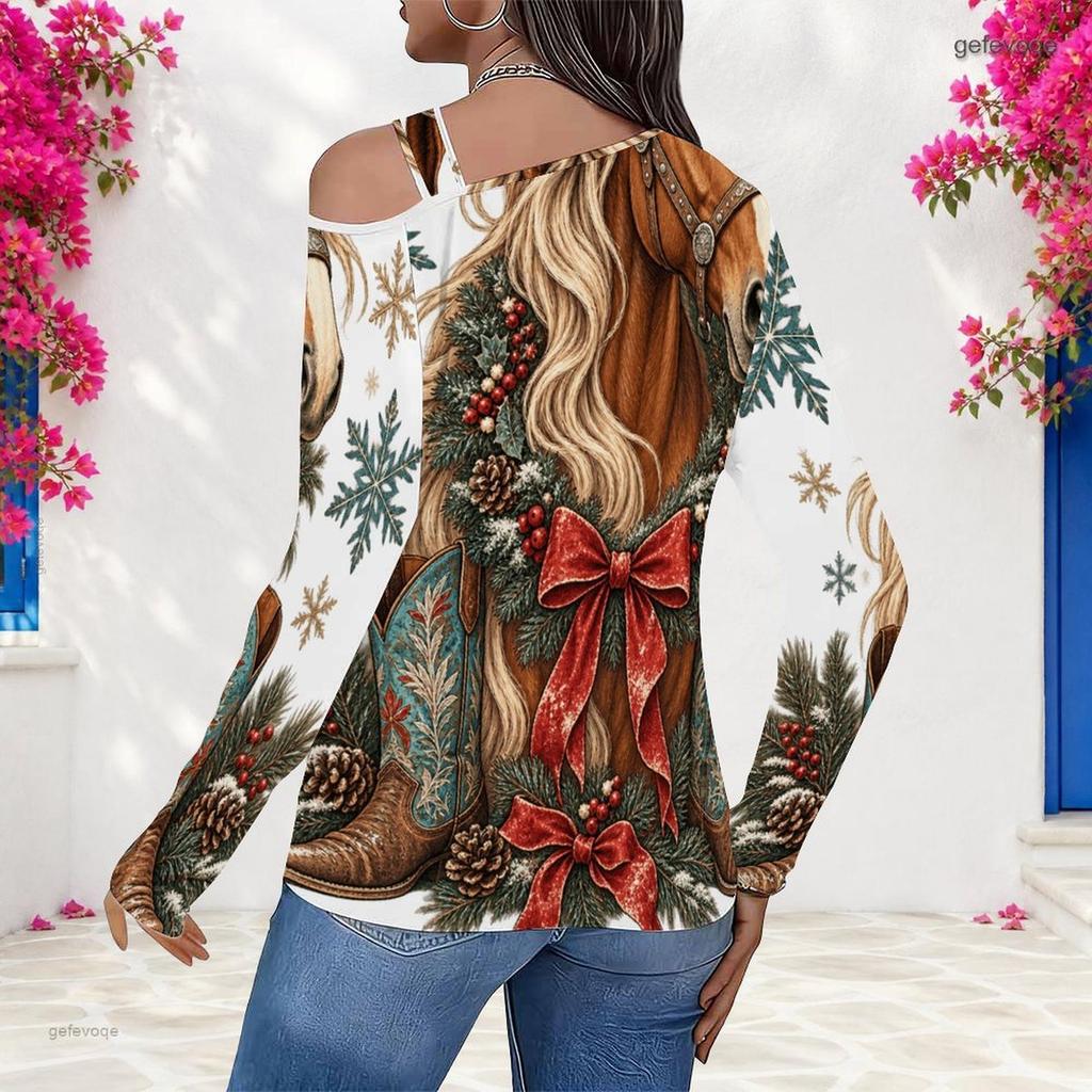 Women Plus Size Asymmetric Cutout Neck Cold Shoulder Long Sleeve Christmas Cowboy Boot Print Top