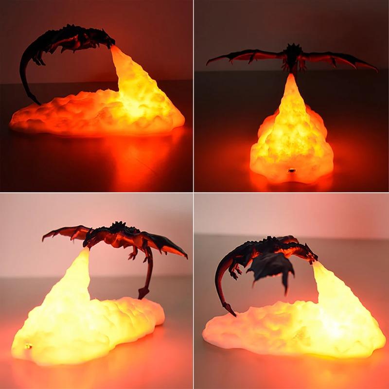 3D-gedruckte Flammenatem-Drachenlampe Schlafzimmer Kreative Nachtlichtdekoration Tischlampe LED-Lade-Nachtlicht Geburtstagsgeschenk