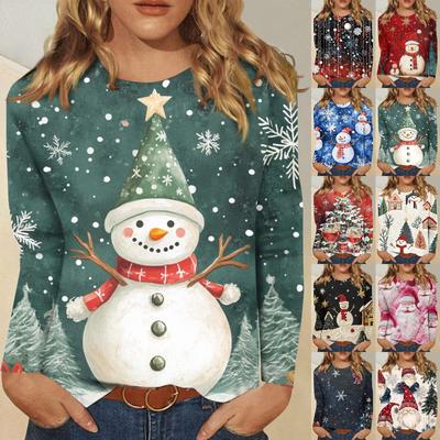 Women's Fashion Casual Long Sleeve Christmas Printed Round Neck T-Shirt Top