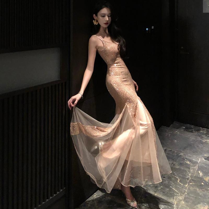 Summer New Heavy Industry Sequined Stitching Mesh Fishtail Skirt Seaside Vacation Suspender Dress Birthday Dress Morning Robe