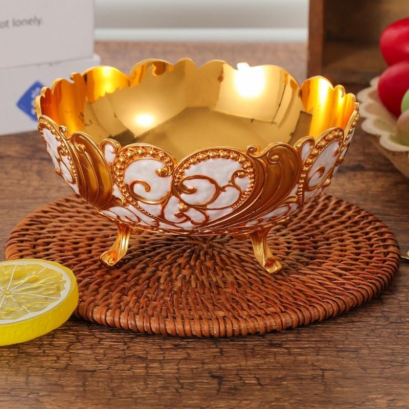 Europäischer Obstteller, Goldene Legierung Exquisite Gravur Blumen Süßigkeitenschale, Futternapf Snack-Teller, Party Schreibtisch Dekoration