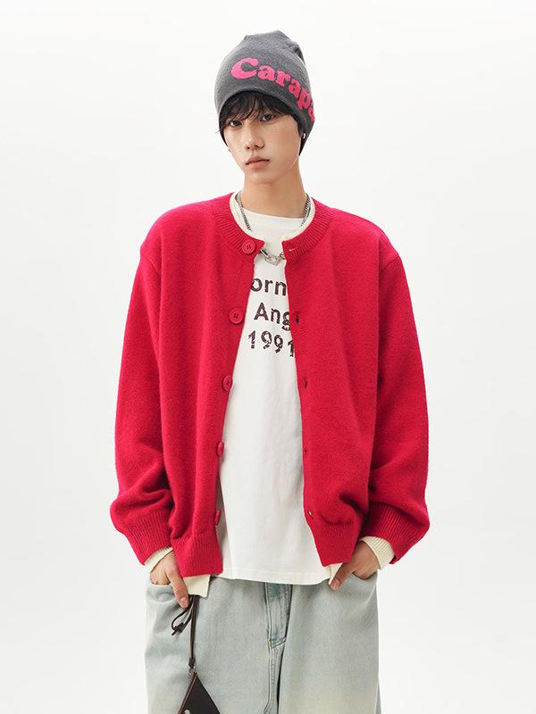 Jian Heng Red Henley Collar Men's Knit Sweater - Loose & Cozy for Autumn/Winter Christmas & New Year