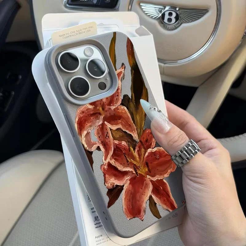 Oil Painting of Pink Lilies Lichee Leather Pattern Phone Case For Infinix Hot 50 40 30 12 Play Pro Plus 4G 5G Shockproof Cover