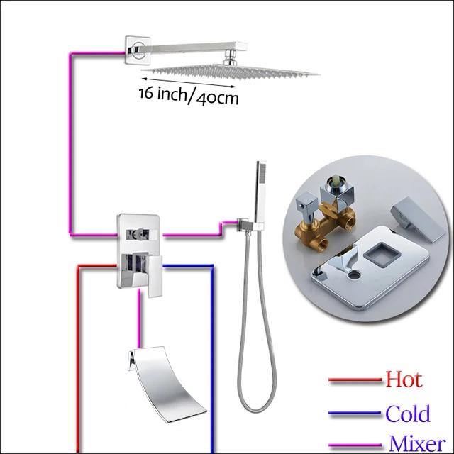 Polished Chrome 16 inch Big Rain Shower Faucet Single Handle Concealed Bath Shower Set with Handshower Brass Spout Wall Mounted