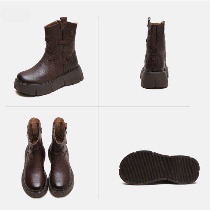 Johnature British Style Thick Soled Genuine Leather Mid-calf Boots Versatile Women's Flat Platform Shoes
