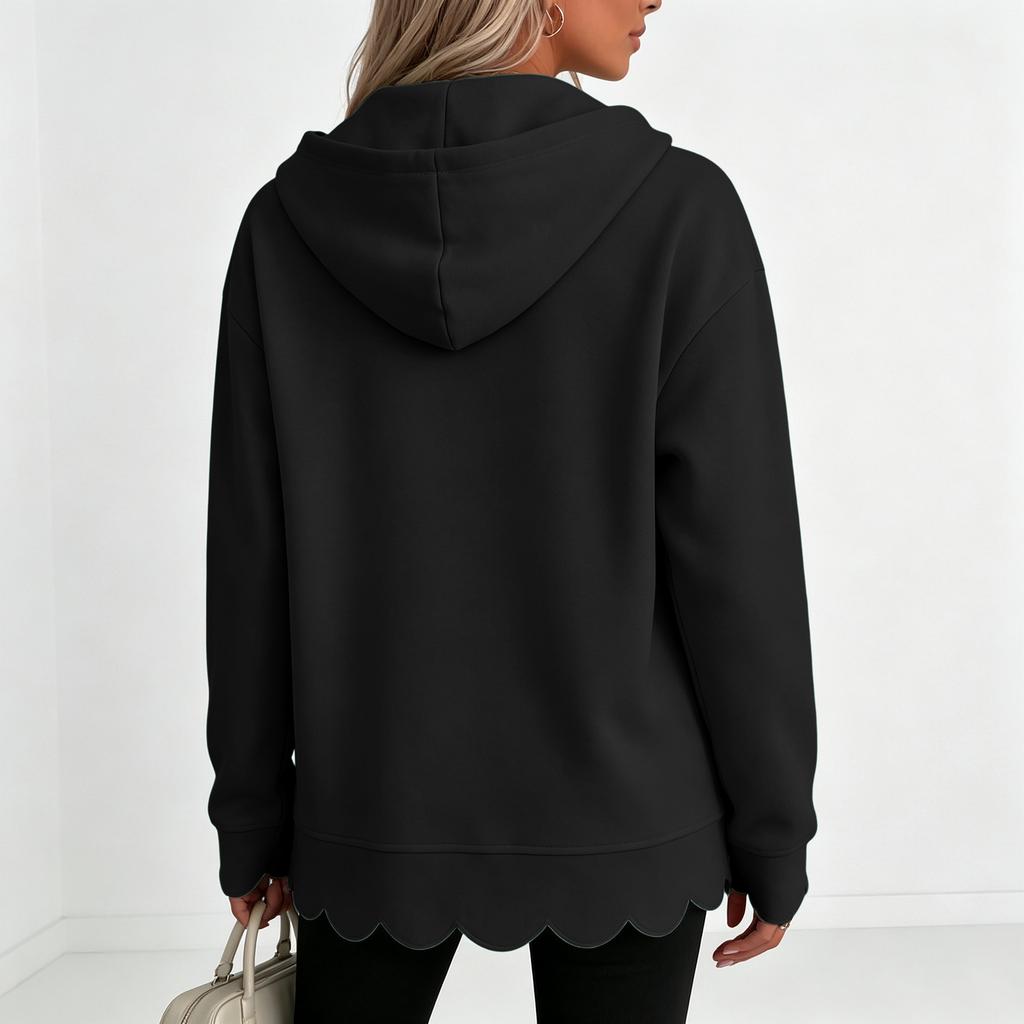 Women's Casual Color Long Sleeve Zip-Up Hooded Jacket with Pockets and, Ruffle Trim