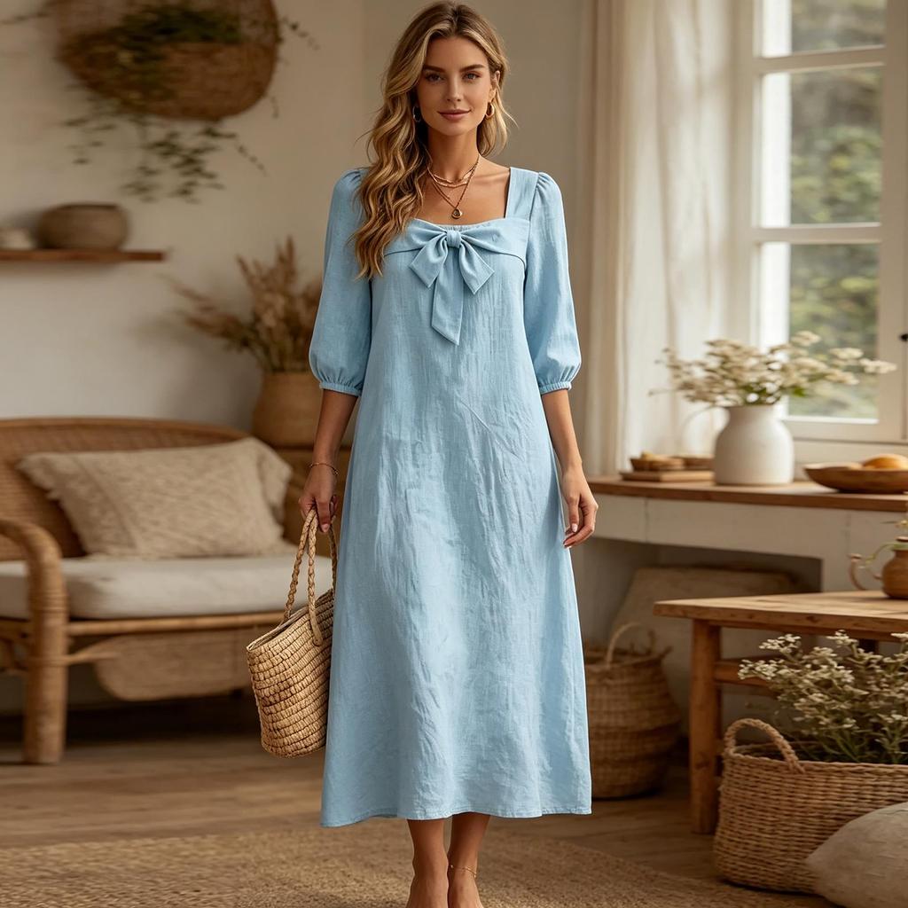 Abito midi casual da donna a vestibilità larga con maniche a sbuffo, scollo quadrato frontale e tessuto leggero