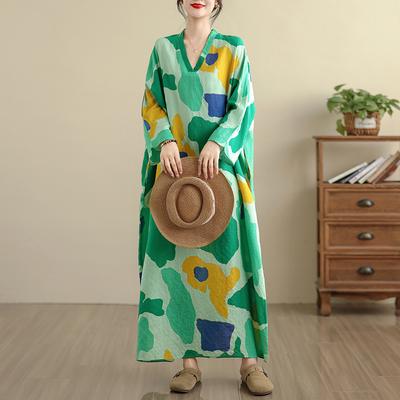 DIMANAF 2025 Women Plus Size Spring Long Dress Loose V-Neck Printing Vintage Casual Floral Oversize Long 5035