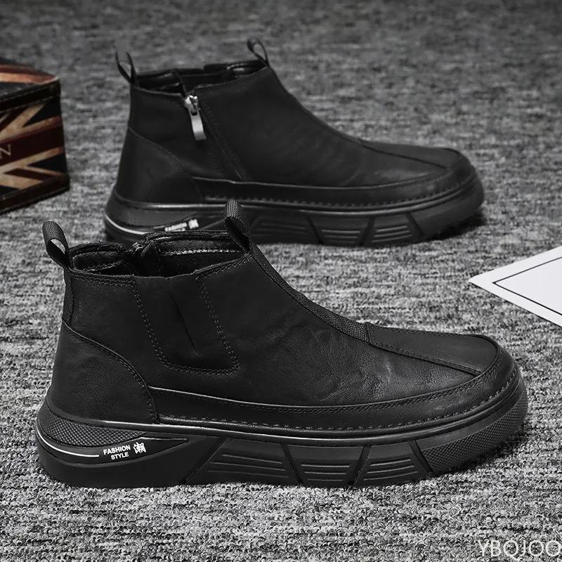 New Solid Color Round Headed Mid Zip Quality Men's Boots Casual Fashionable Versatile Men's Flat Bottomed Workwear Boots