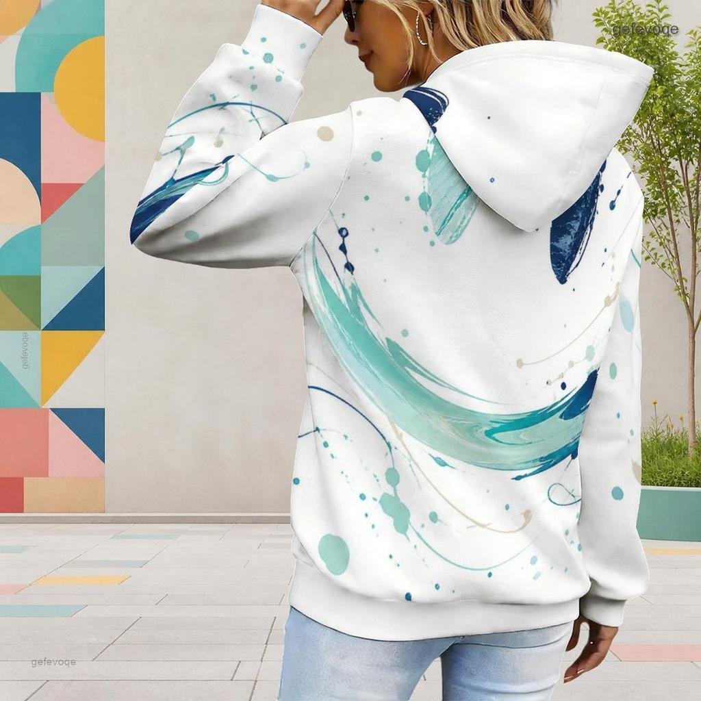 Women Plus Size Abstract Printed Long Sleeve Drawstring Hoodie Kangaroo Pocket Pullover