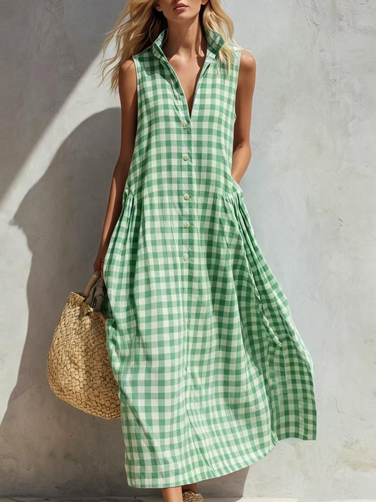 Sleeveless Dress 2026 New Summer European and American Vacation Style Seaside Plaid Loose Long Dress