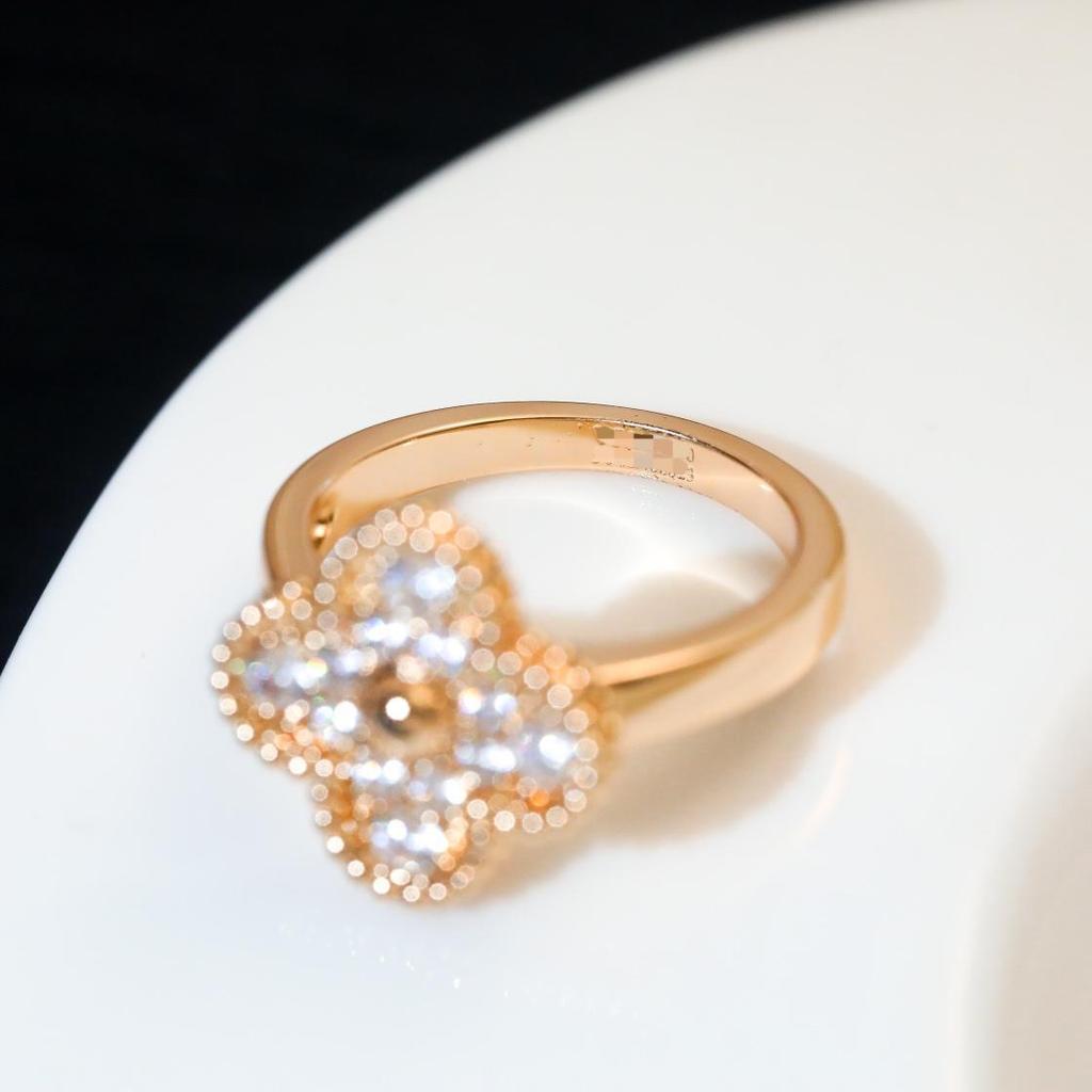 Four-leaf Clover Full Diamond Single Flower Ring V Gold Thick Plated 18K Mi Gold Girl Light Luxury Fresh and Sweet