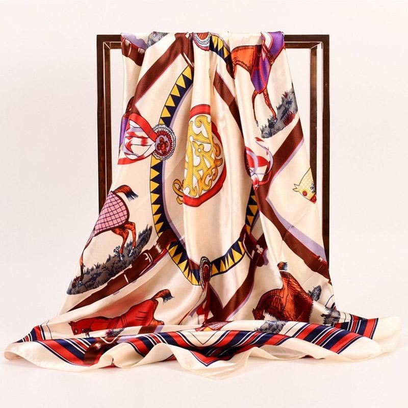 

90cm Luxury Silk Twill Square Scarf Women Spring Print Hair Band Hijab Foulard Sunscreen Neckerchief Shawl Wraps Echarpe Bandana 90X90cm бежевий