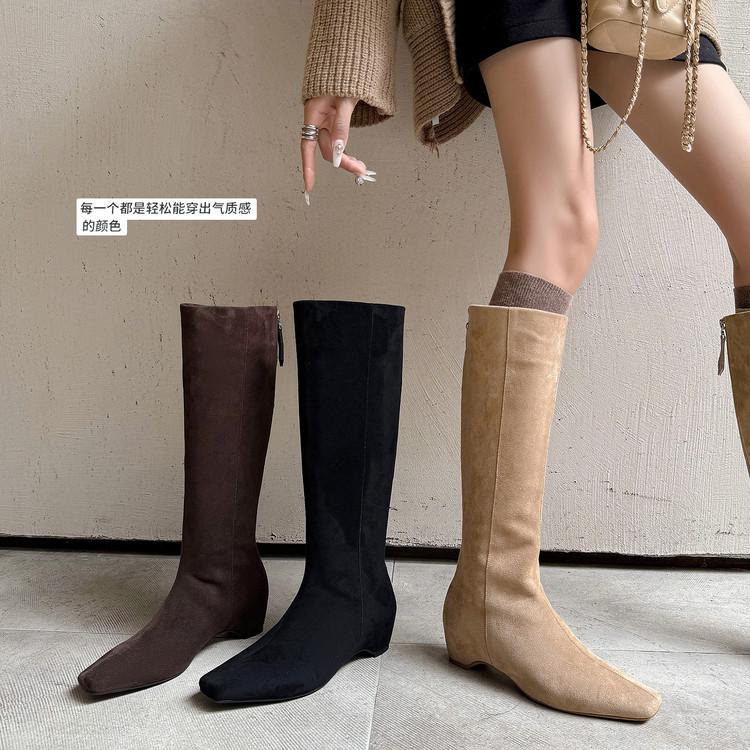 Inside and Outside Full Leather Square Head Rear Zipper Chelsea Boots Cowhide European and Korean Simple Retro Inner Height-increasing Short Boots W