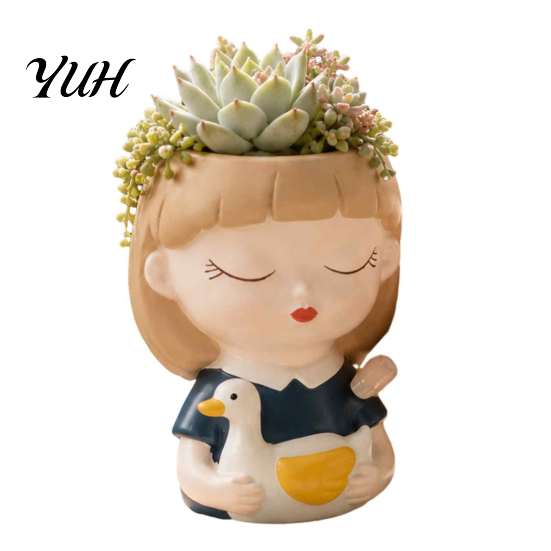 Decorative Resin Desktop Accessory Cute Head Planter, Succulent Little Girl Flower Pot, Human Flowerpot for Plants Face Cactus Container, Bonsai