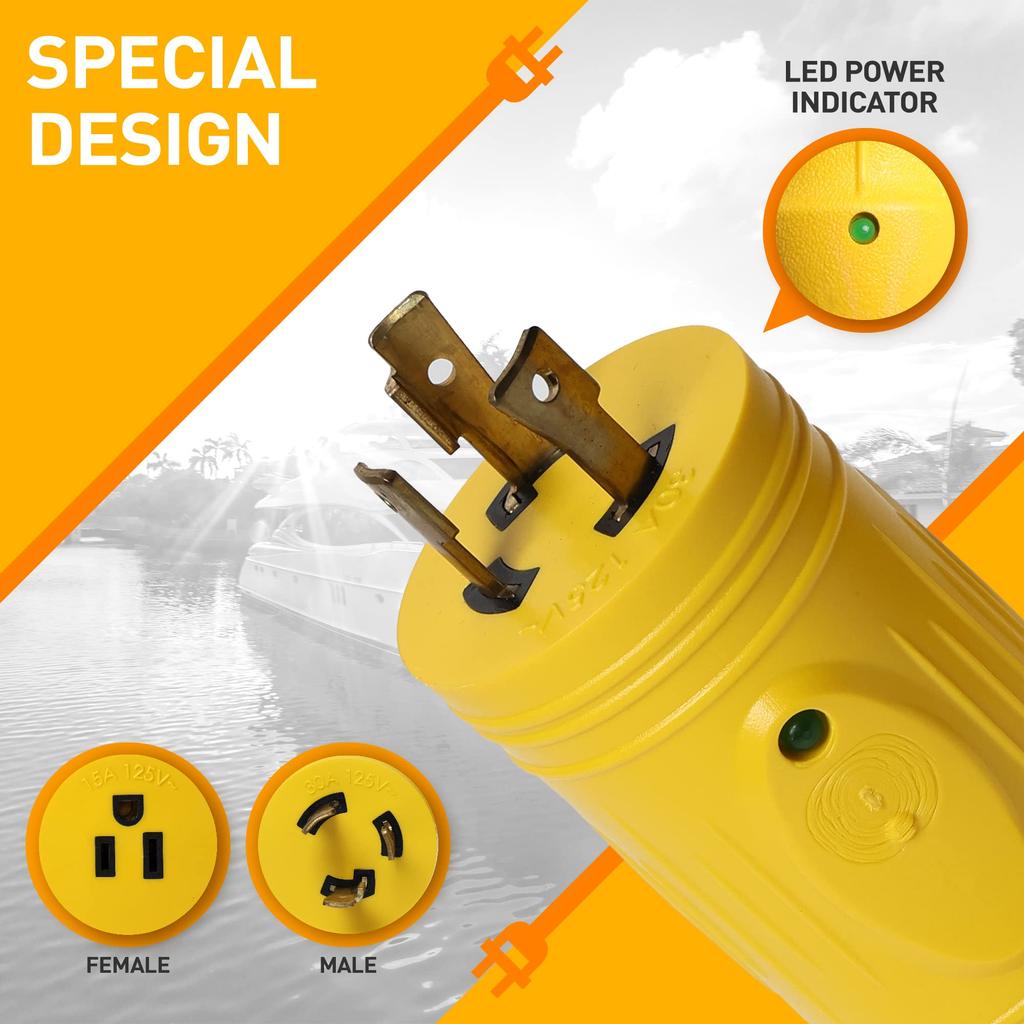 Marvine Cable Shore Power Adapter 30A Lock Male L5-30P to 15A5-15R Female (with LED) Display