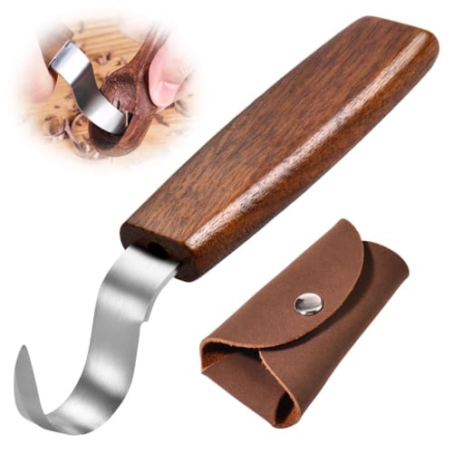 LEONTOOL Spoon Carving Tool, Woodworking Curved Knife, Right-Handed Hook Knife, Carving Chisel with Leather Cover, Wood Handle, Stainless Steel, Compa