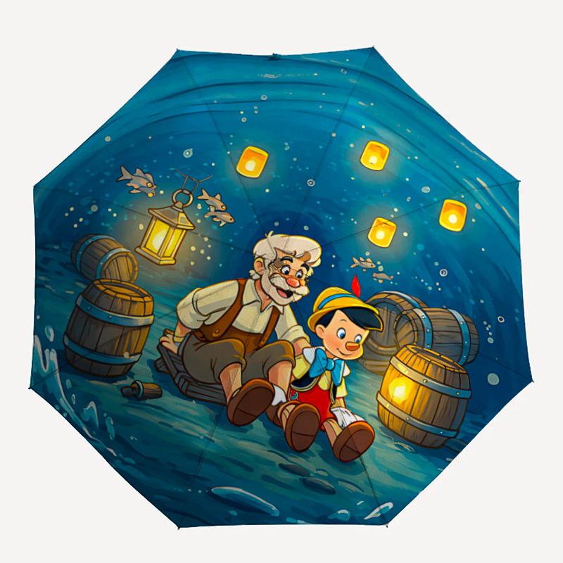1pc Pinocchio and Grandpa in the Whale's Belly Pattern Automatic 3-Fold Umbrella, 8 Iron Frames, High-Value Folding Umbrella, Suitable for O